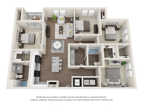 Floor plan for 4 beds, 2 baths, 1324 sqft